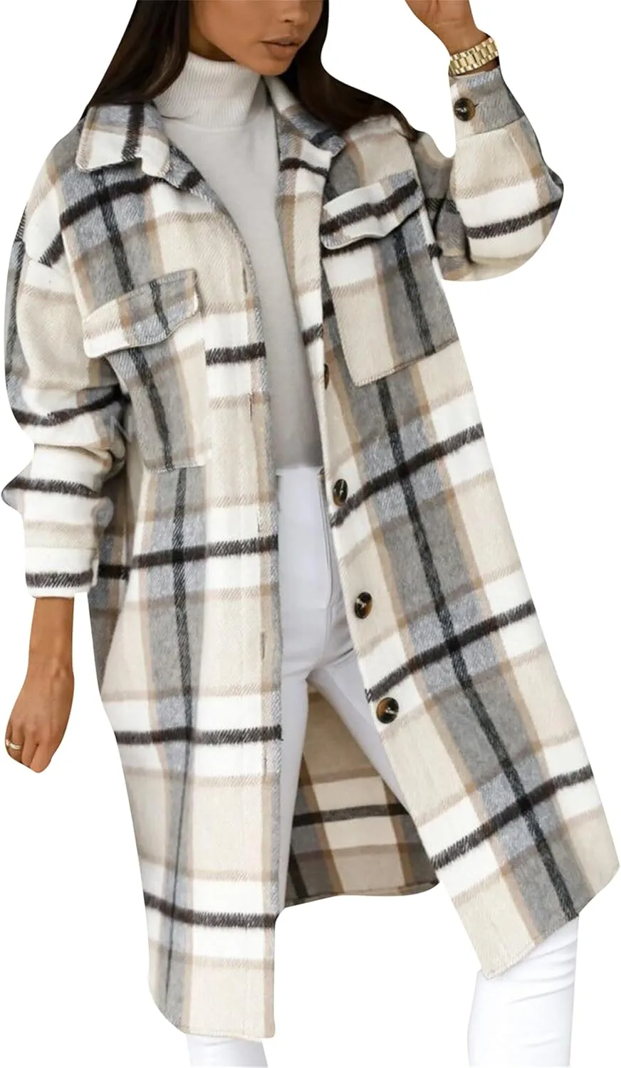 Women's Flannel Long Sleeve Open Front Tunic Spread Collar Winter Trench Coat Wool Blend Fall Casual Windcheater