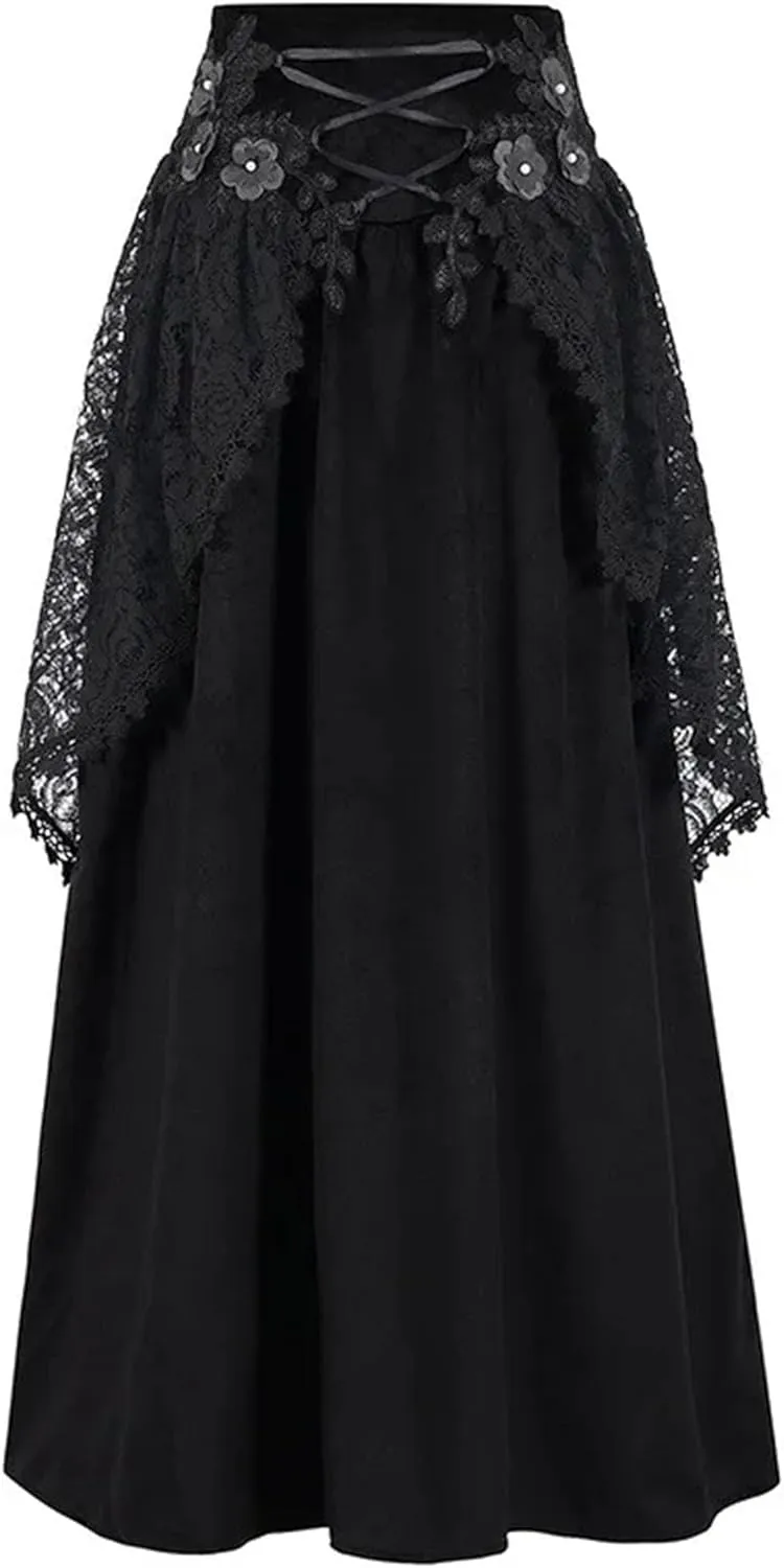 Women's Gothic Drawstring Ruched Midi Skirt with 3D Flowers & Lace Detail - High Waist Tiered A-Line Ruffle Skirt Black M