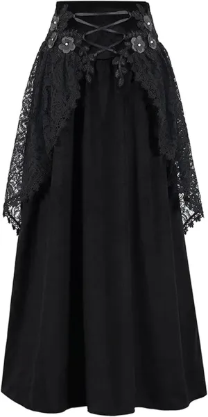 Women's Gothic Drawstring Ruched Midi Skirt with 3D Flowers & Lace Detail - High Waist Tiered A-Line Ruffle Skirt Black M