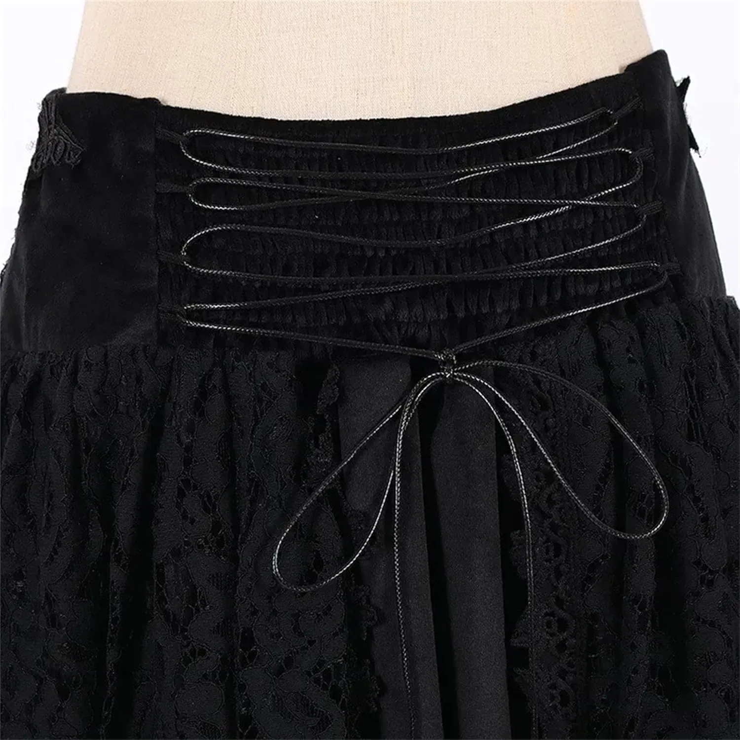 Women's Gothic Drawstring Ruched Midi Skirt with 3D Flowers & Lace Detail - High Waist Tiered A-Line Ruffle Skirt