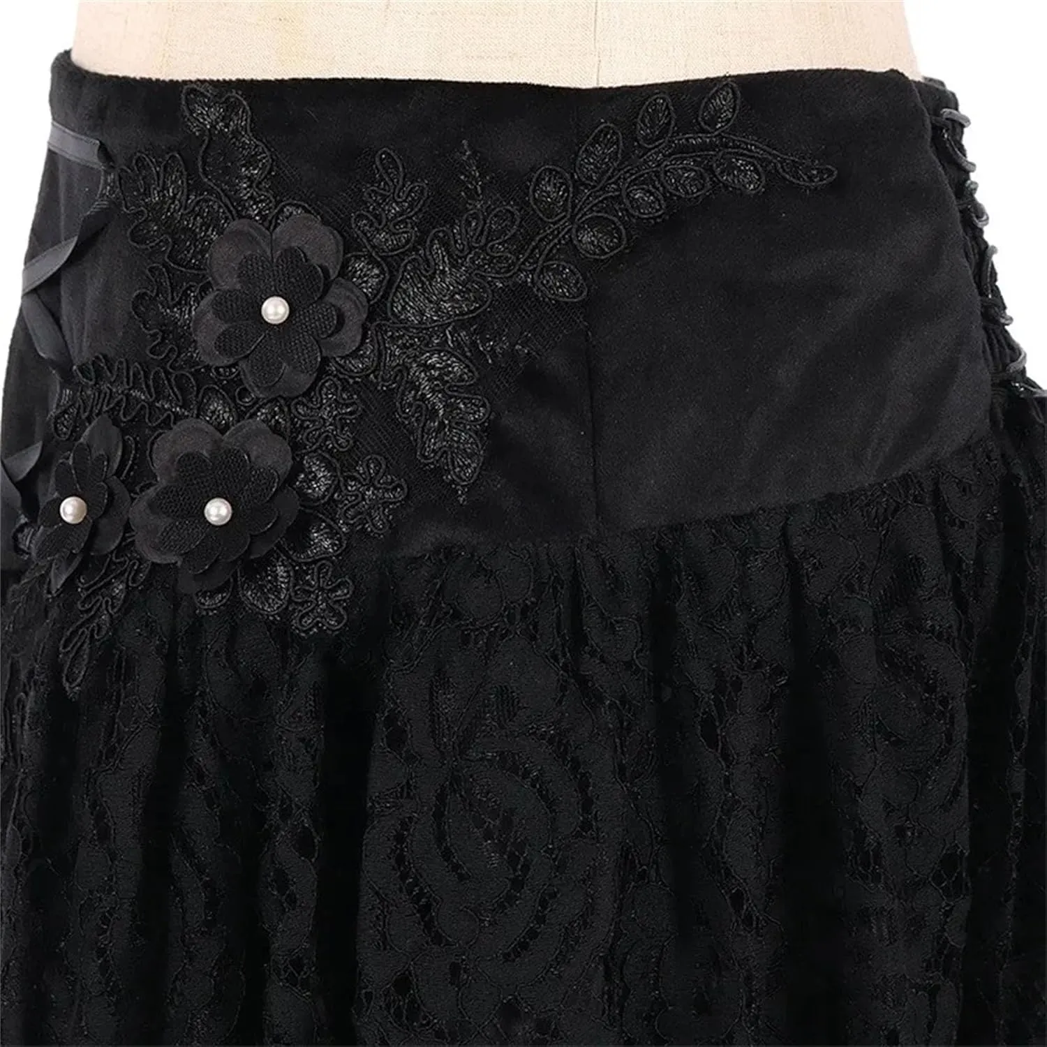Women's Gothic Drawstring Ruched Midi Skirt with 3D Flowers & Lace Detail - High Waist Tiered A-Line Ruffle Skirt