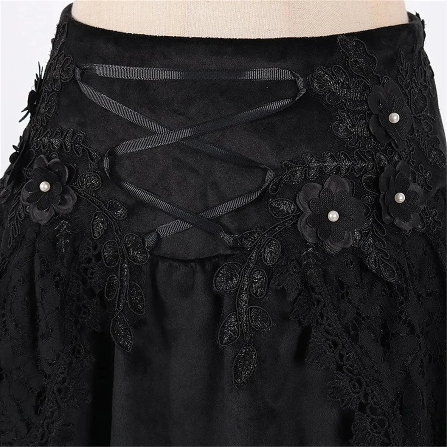 Women's Gothic Drawstring Ruched Midi Skirt with 3D Flowers & Lace Detail - High Waist Tiered A-Line Ruffle Skirt