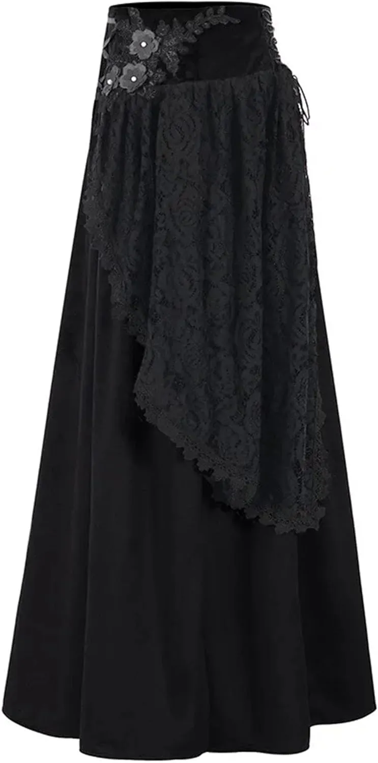 Women's Gothic Drawstring Ruched Midi Skirt with 3D Flowers & Lace Detail - High Waist Tiered A-Line Ruffle Skirt