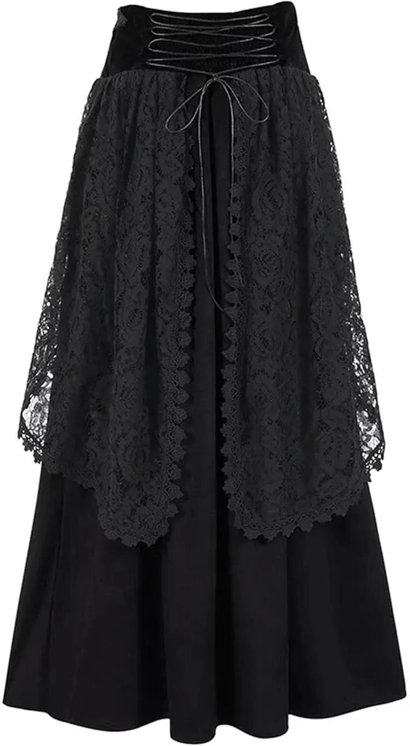 Women's Gothic Drawstring Ruched Midi Skirt with 3D Flowers & Lace Detail - High Waist Tiered A-Line Ruffle Skirt