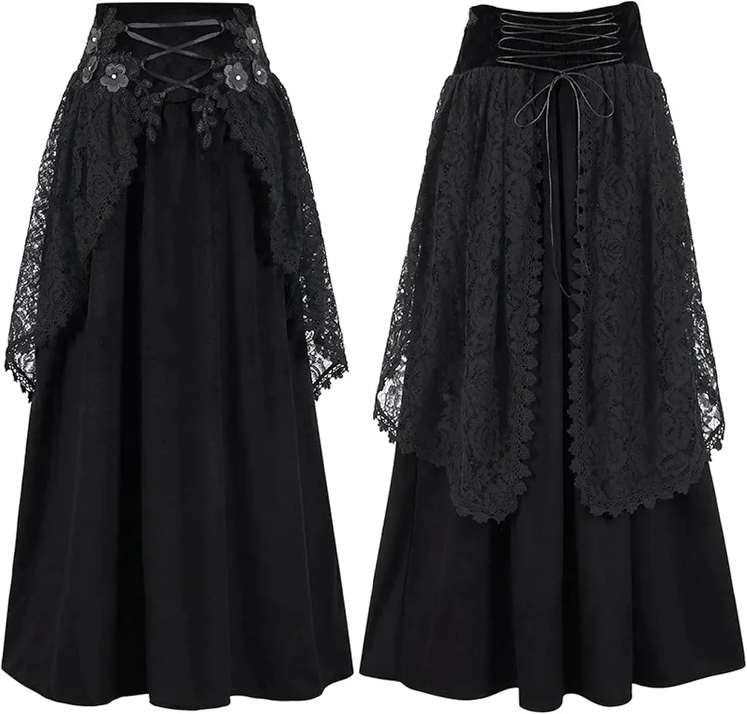 Women's Gothic Drawstring Ruched Midi Skirt with 3D Flowers & Lace Detail - High Waist Tiered A-Line Ruffle Skirt