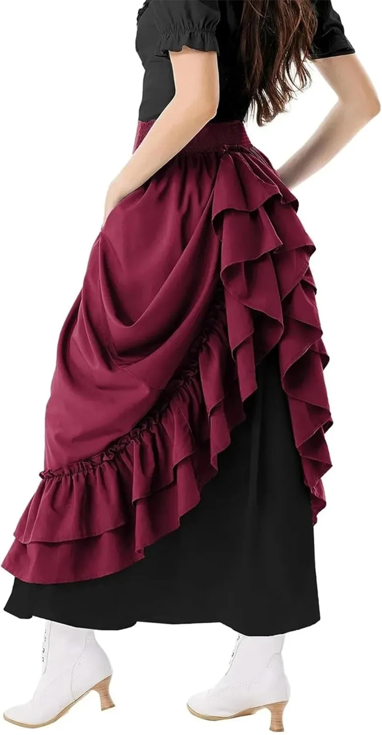 Women's High Waist Asymmetric A - Line Midi Skirt - Color Block Stretch Waistband Flared Skirt with Ruffle Trim Detail