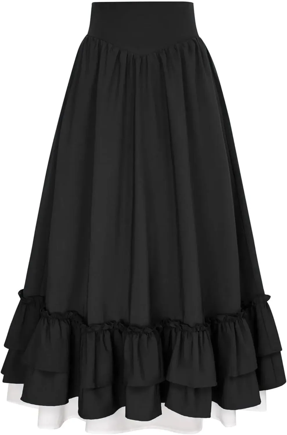 Women's High Waist Asymmetric A - Line Midi Skirt - Color Block Stretch Waistband Flared Skirt with Ruffle Trim Detail