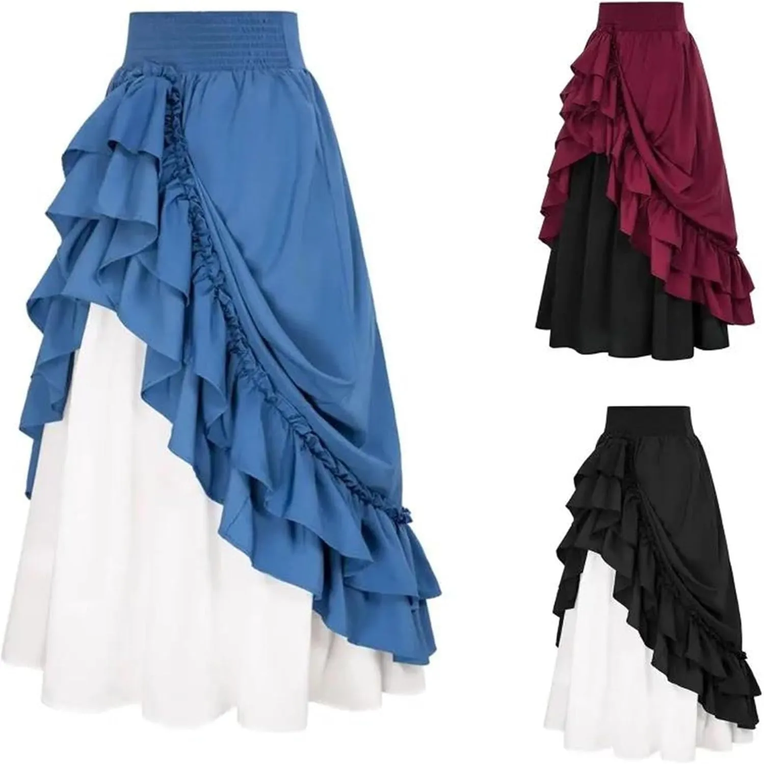 Women's High Waist Asymmetric A - Line Midi Skirt - Color Block Stretch Waistband Flared Skirt with Ruffle Trim Detail