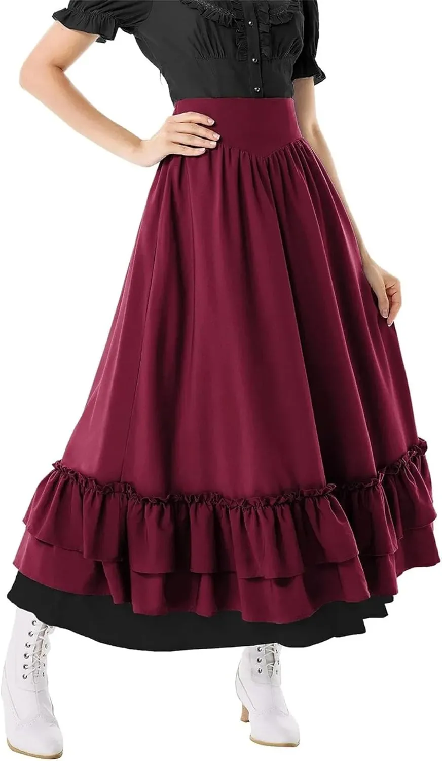 Women's High Waist Asymmetric A - Line Midi Skirt - Color Block Stretch Waistband Flared Skirt with Ruffle Trim Detail