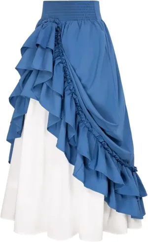 Women's High Waist Asymmetric A - Line Midi Skirt - Color Block Stretch Waistband Flared Skirt with Ruffle Trim Detail