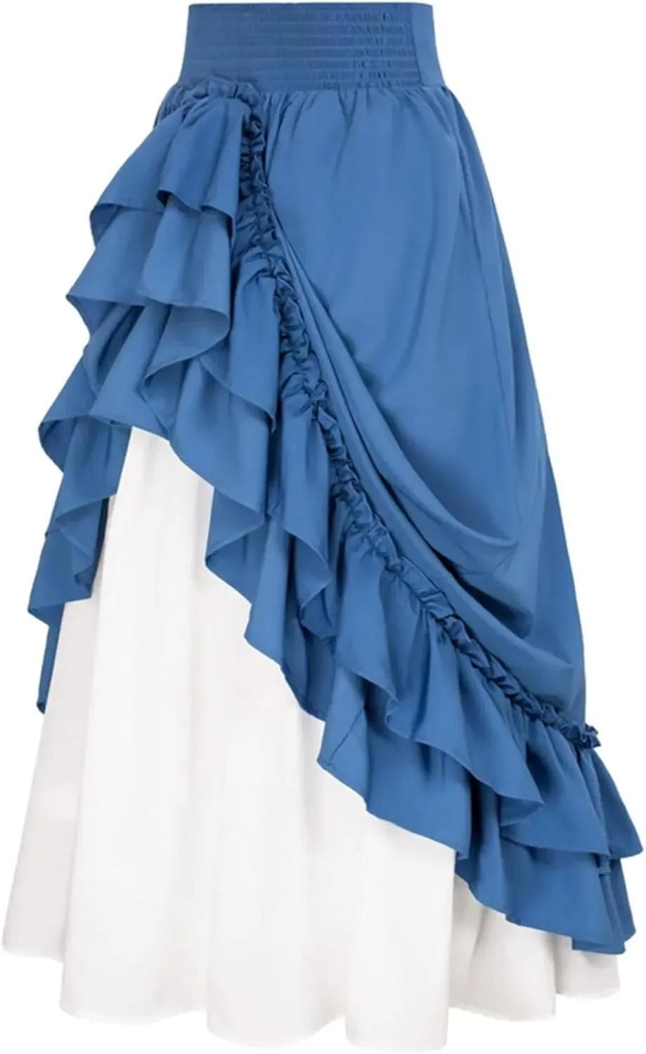 Women's High Waist Asymmetric A - Line Midi Skirt - Color Block Stretch Waistband Flared Skirt with Ruffle Trim Detail