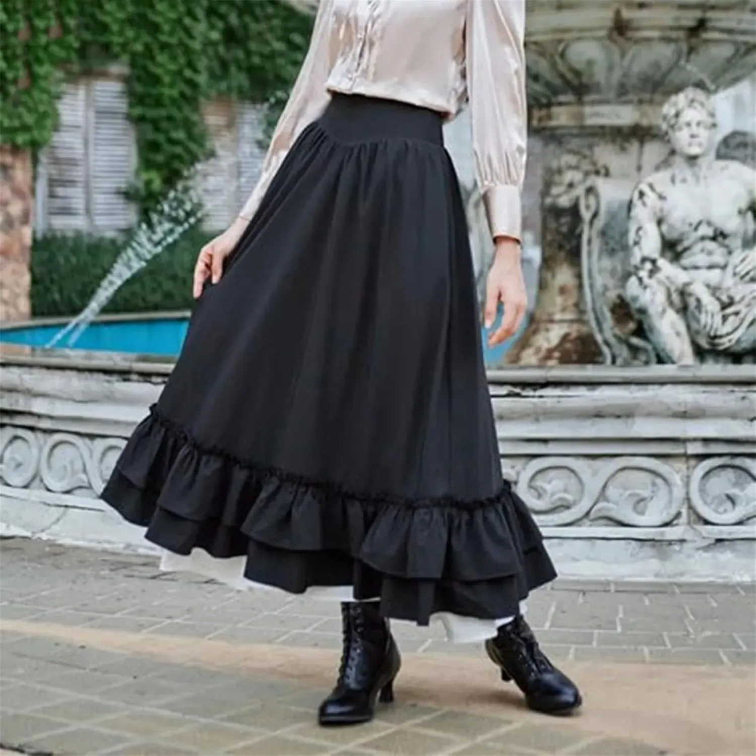 Women's High Waist Asymmetric A - Line Midi Skirt - Color Block Stretch Waistband Flared Skirt with Ruffle Trim Detail