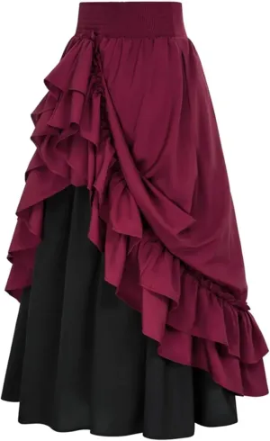 Women's High Waist Asymmetric A - Line Midi Skirt - Color Block Stretch Waistband Flared Skirt with Ruffle Trim Detail
