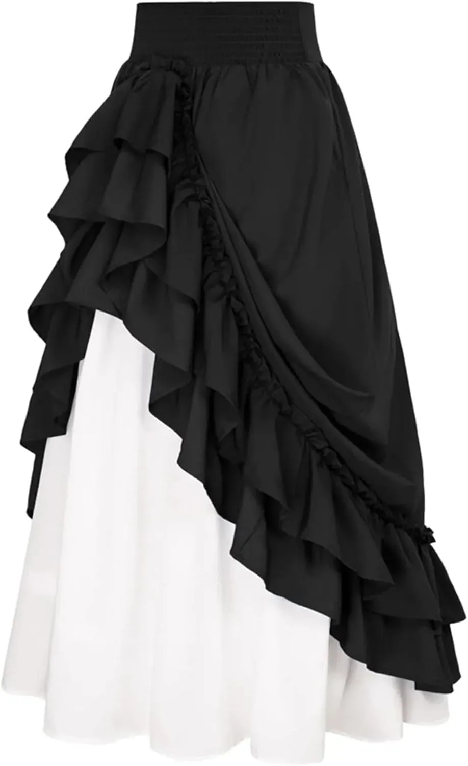 Women's High Waist Asymmetric A - Line Midi Skirt - Color Block Stretch Waistband Flared Skirt with Ruffle Trim Detail