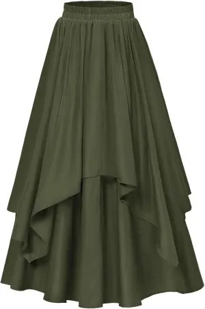 Women's Irregular Flowy Tiered Midi Skirt - Adjustable High Waisted A-Line Swing Skirt, Ruffle Trim Casual Beach Boho Dress 1-Green XL