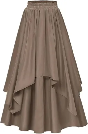 Women's Irregular Flowy Tiered Midi Skirt - Adjustable High Waisted A-Line Swing Skirt, Ruffle Trim Casual Beach Boho Dress