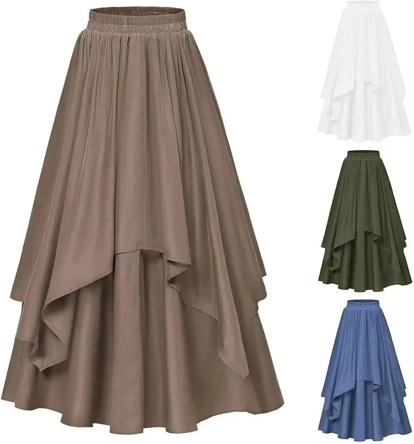 Women's Irregular Flowy Tiered Midi Skirt - Adjustable High Waisted A-Line Swing Skirt, Ruffle Trim Casual Beach Boho Dress