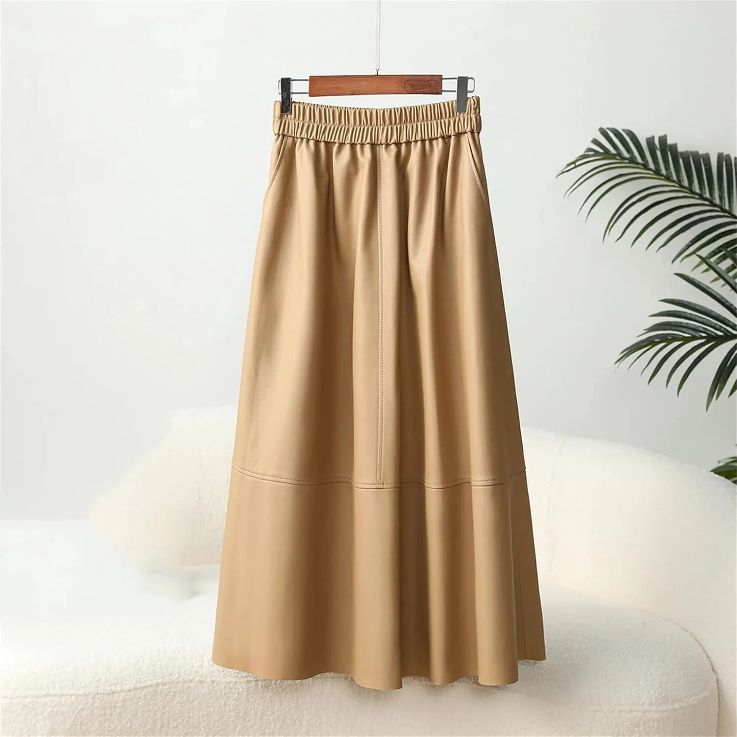 Women's Leather Midi Skirt High Waisted Elastic with Pockets & Ruffle Hem - A-Line Work to Weekend Skirt