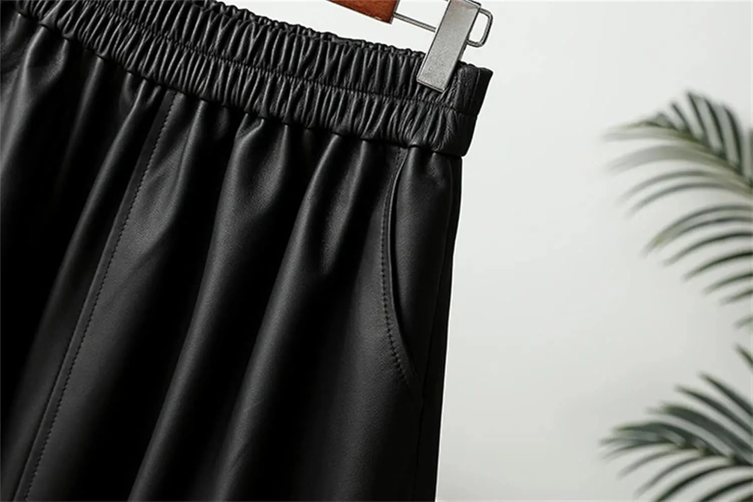 Women's Leather Midi Skirt High Waisted Elastic with Pockets & Ruffle Hem - A-Line Work to Weekend Skirt