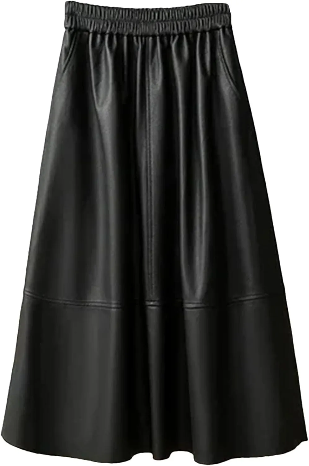 Women's Leather Midi Skirt High Waisted Elastic with Pockets & Ruffle Hem - A-Line Work to Weekend Skirt