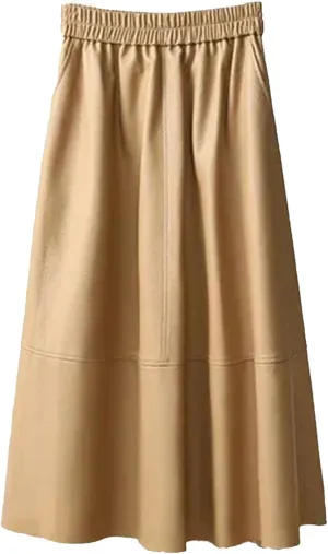 Women's Leather Midi Skirt High Waisted Elastic with Pockets & Ruffle Hem - A-Line Work to Weekend Skirt