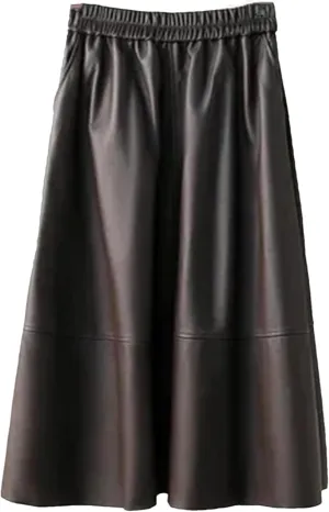Women's Leather Midi Skirt High Waisted Elastic with Pockets & Ruffle Hem - A-Line Work to Weekend Skirt