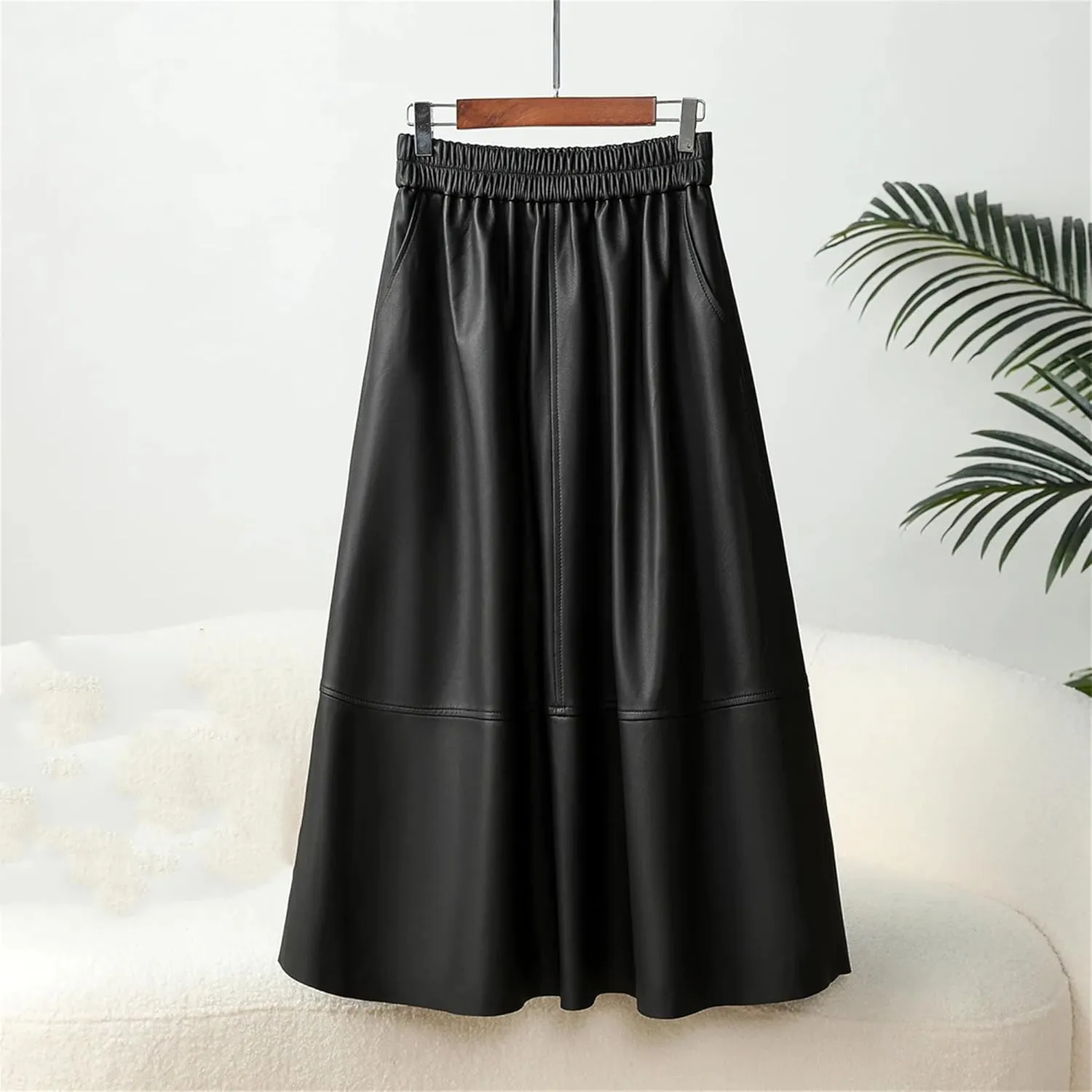 Women's Leather Midi Skirt High Waisted Elastic with Pockets & Ruffle Hem - A-Line Work to Weekend Skirt