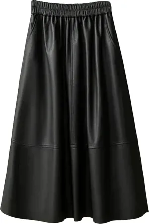 Women's Leather Midi Skirt High Waisted Elastic with Pockets & Ruffle Hem - A-Line Work to Weekend Skirt