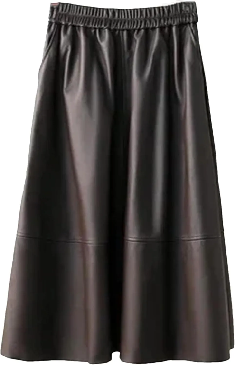 Women's Leather Midi Skirt High Waisted Elastic with Pockets & Ruffle Hem - A-Line Work to Weekend Skirt