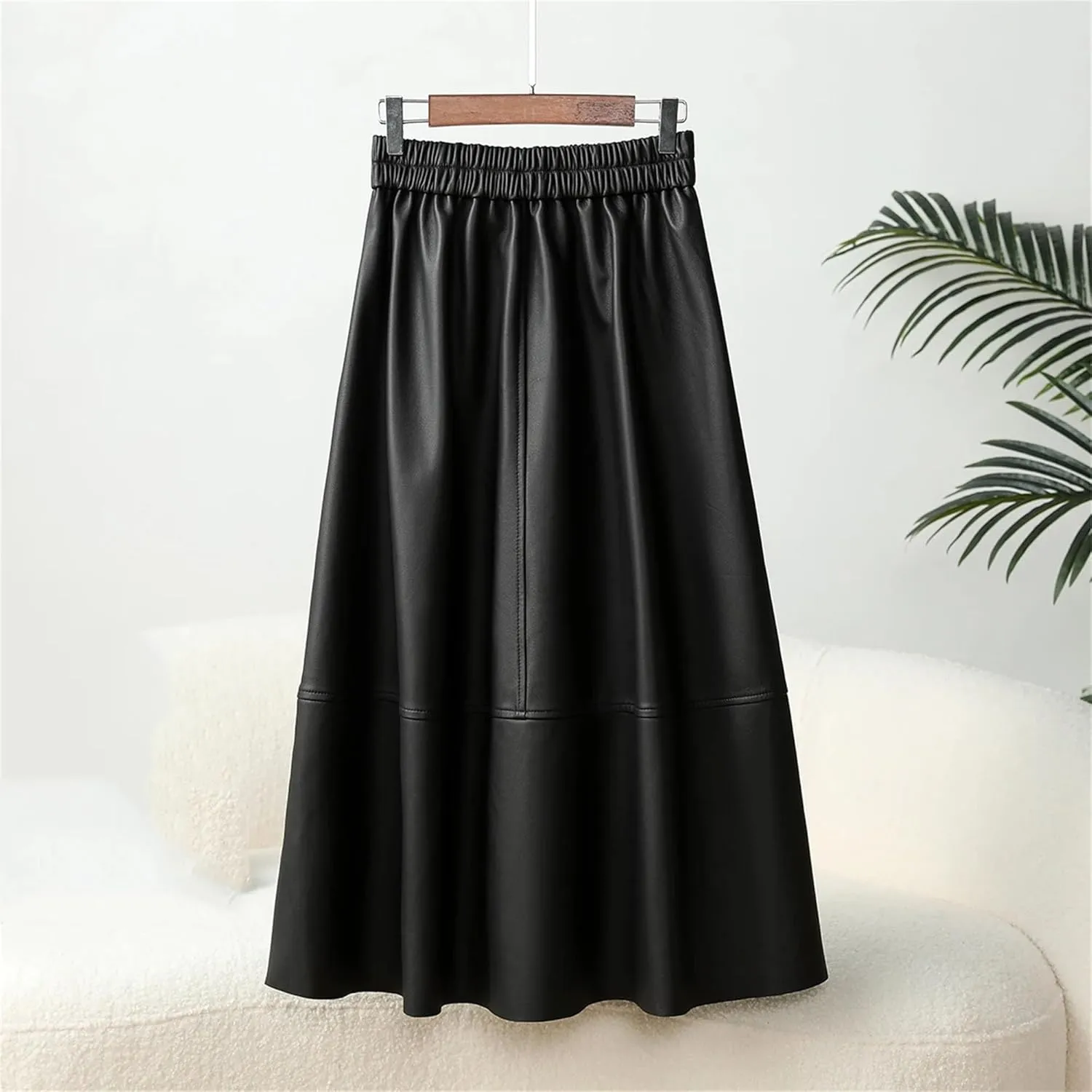 Women's Leather Midi Skirt High Waisted Elastic with Pockets & Ruffle Hem - A-Line Work to Weekend Skirt