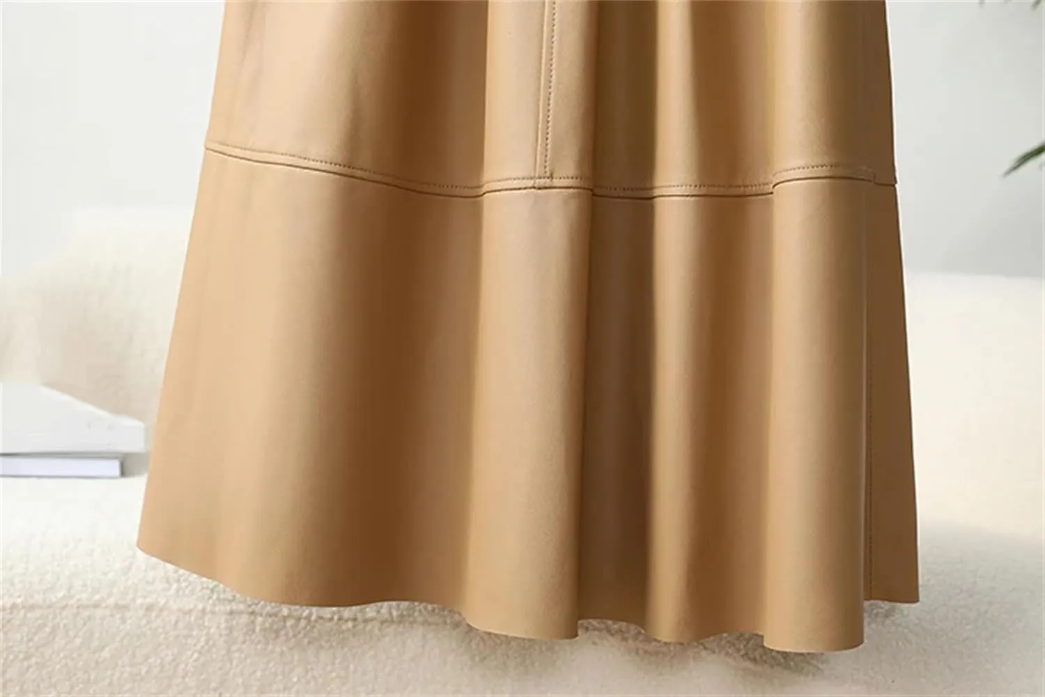 Women's Leather Midi Skirt High Waisted Elastic with Pockets & Ruffle Hem - A-Line Work to Weekend Skirt