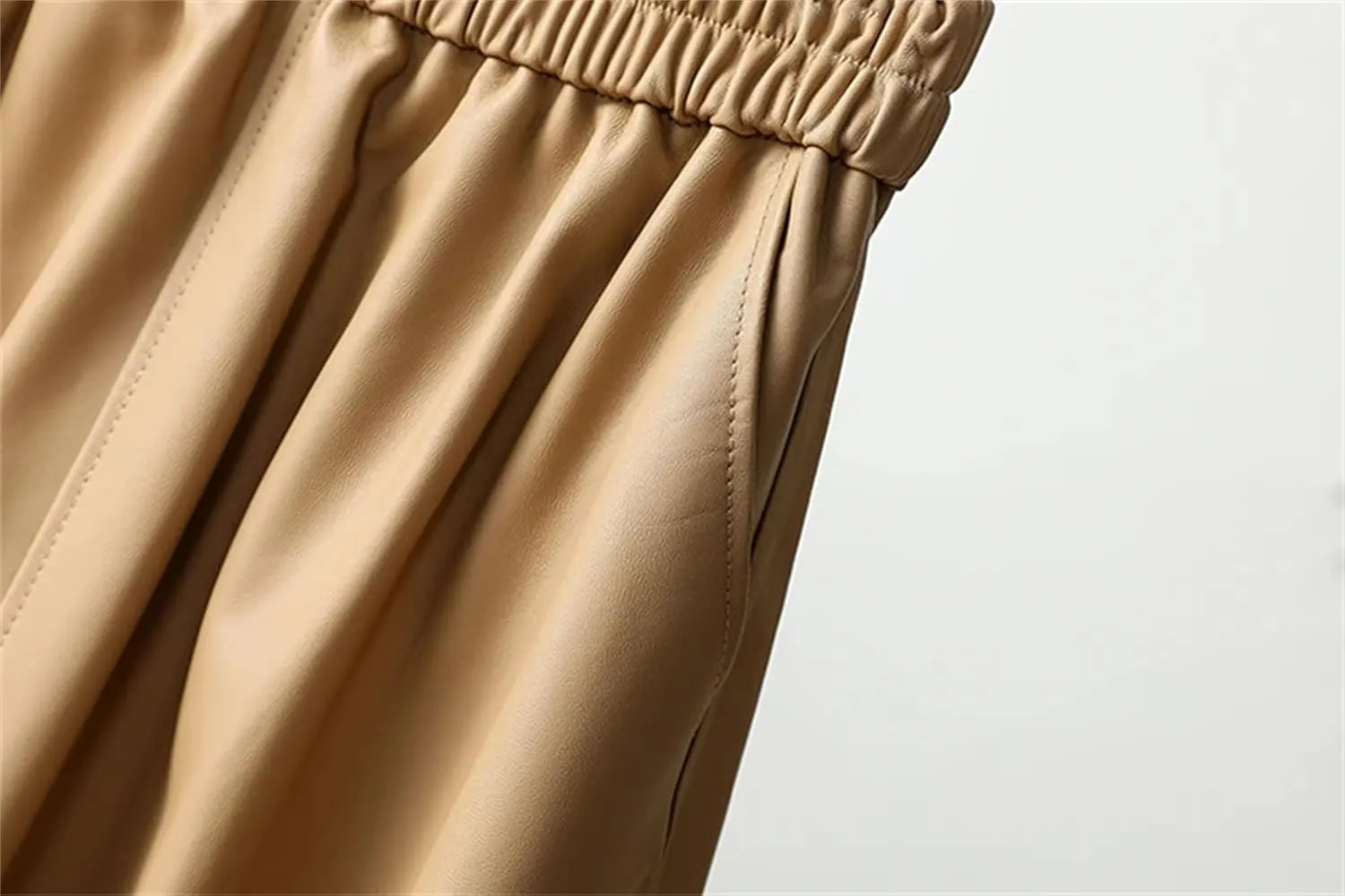 Women's Leather Midi Skirt High Waisted Elastic with Pockets & Ruffle Hem - A-Line Work to Weekend Skirt