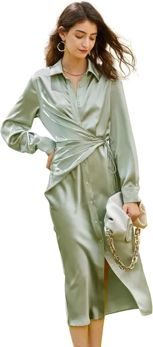 Women's Long Sleeve Midi Wrap Button Up Shirt Dress Satin Casual Flow Dresses Holiday Summer Beach Fall Outfits