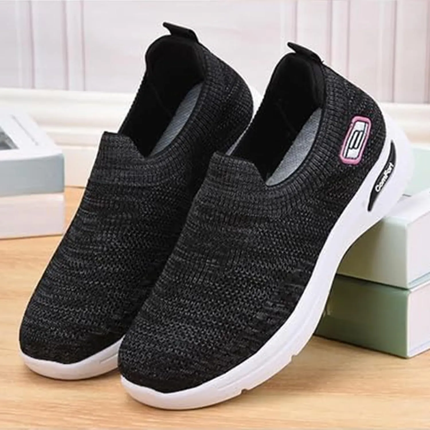 Women's Orthopedic Sneakers Breathable with Arch Support Slip on Mesh Knitted Flying Woven Low Top Work Walking Shoes Lightweight Wide Width Soft Sole Arch Support Non-Slip Casual Shoes