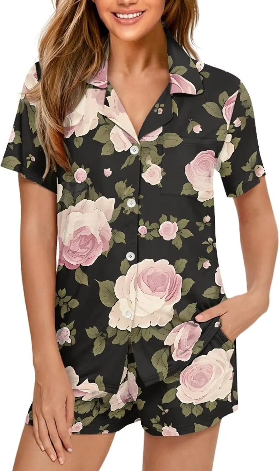 Women's Pajama Set Short Sleeve and Shorts Breathable Printed Loungewear 2 Piece Lounge Pjs Size S-XXL