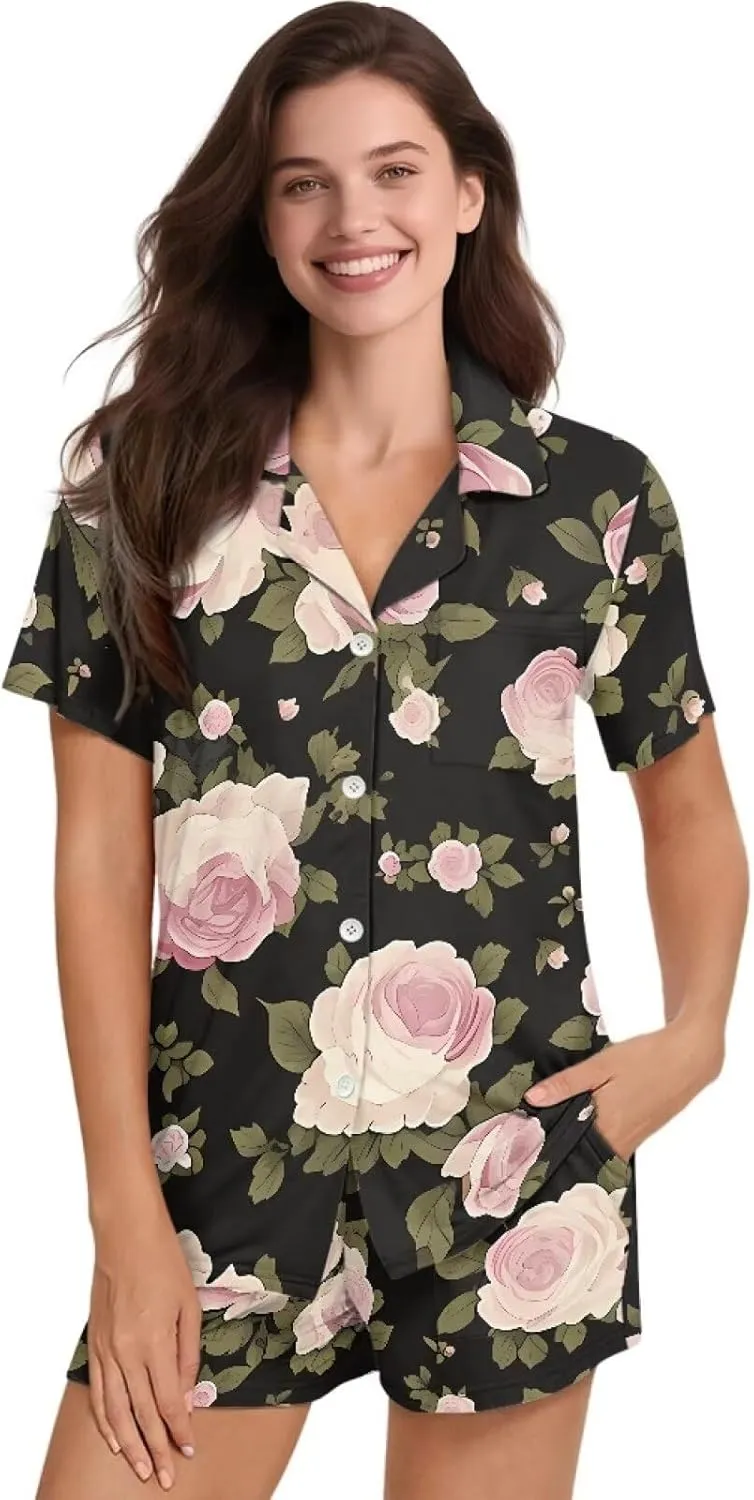 Women's Pajama Set Short Sleeve and Shorts Breathable Printed Loungewear 2 Piece Lounge Pjs Size S-XXL