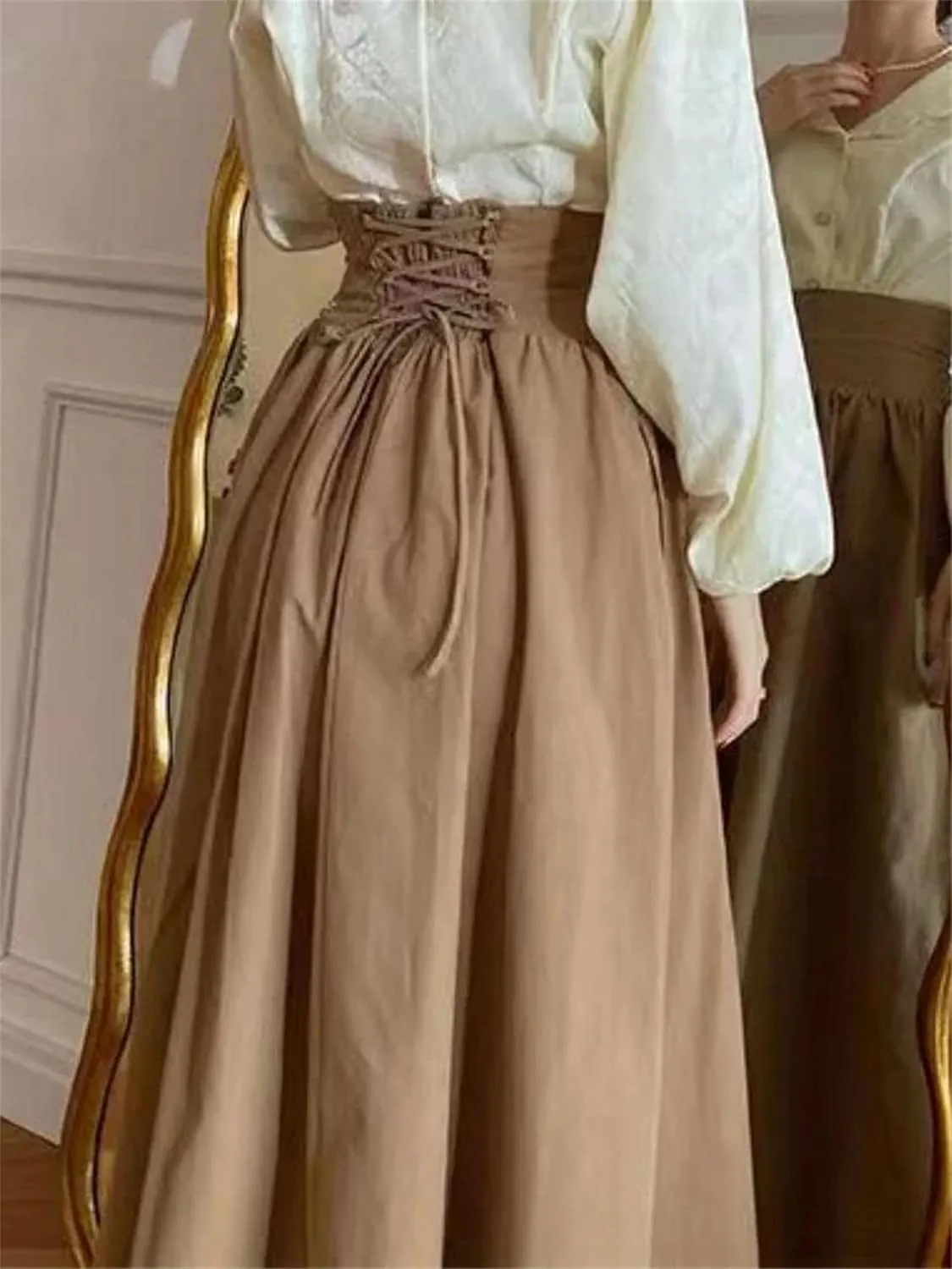 Women's Petite Size Ruffle Midi Skirt with Pocket High Waist Tummy Control Casual Long Skirts, Adjustable Lace-Up Back