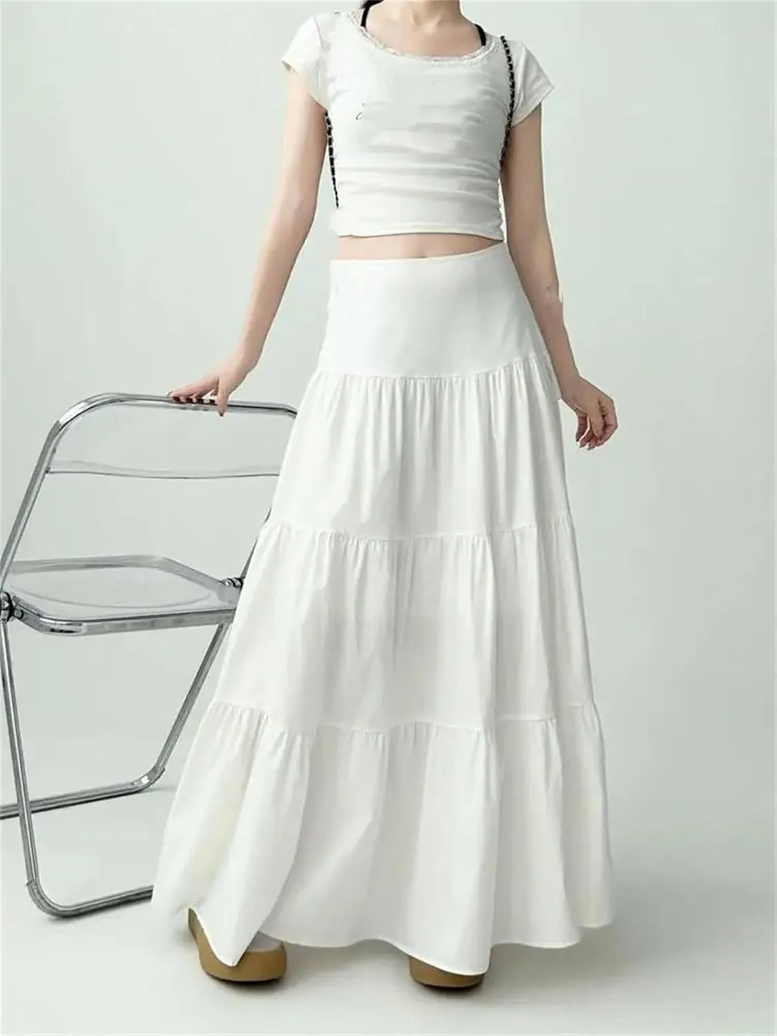 Women's Petite Size Tiered Maxi Skirt Lightweight High Waist Casual A-Line Long Ruffled Skirt for Beach Wear