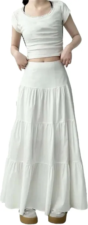 Women's Petite Size Tiered Maxi Skirt Lightweight High Waist Casual A-Line Long Ruffled Skirt for Beach Wear