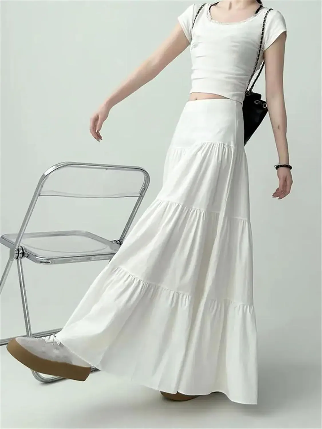 Women's Petite Size Tiered Maxi Skirt Lightweight High Waist Casual A-Line Long Ruffled Skirt for Beach Wear
