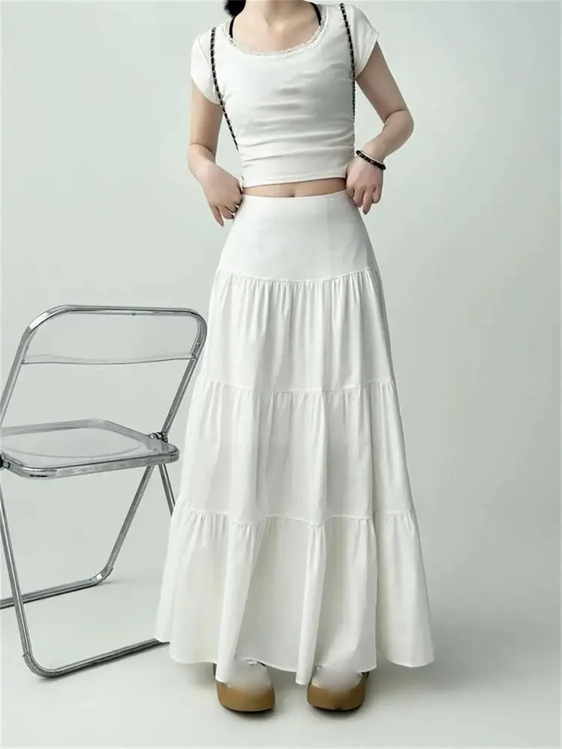 Women's Petite Size Tiered Maxi Skirt Lightweight High Waist Casual A-Line Long Ruffled Skirt for Beach Wear