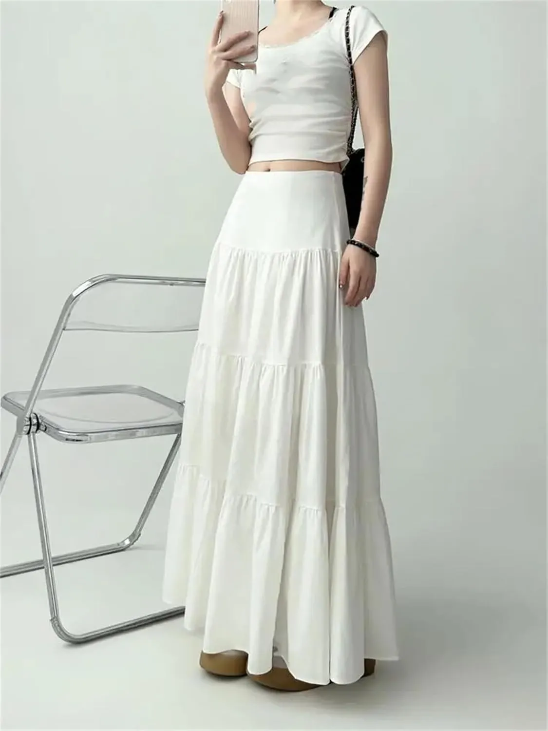 Women's Petite Size Tiered Maxi Skirt Lightweight High Waist Casual A-Line Long Ruffled Skirt for Beach Wear