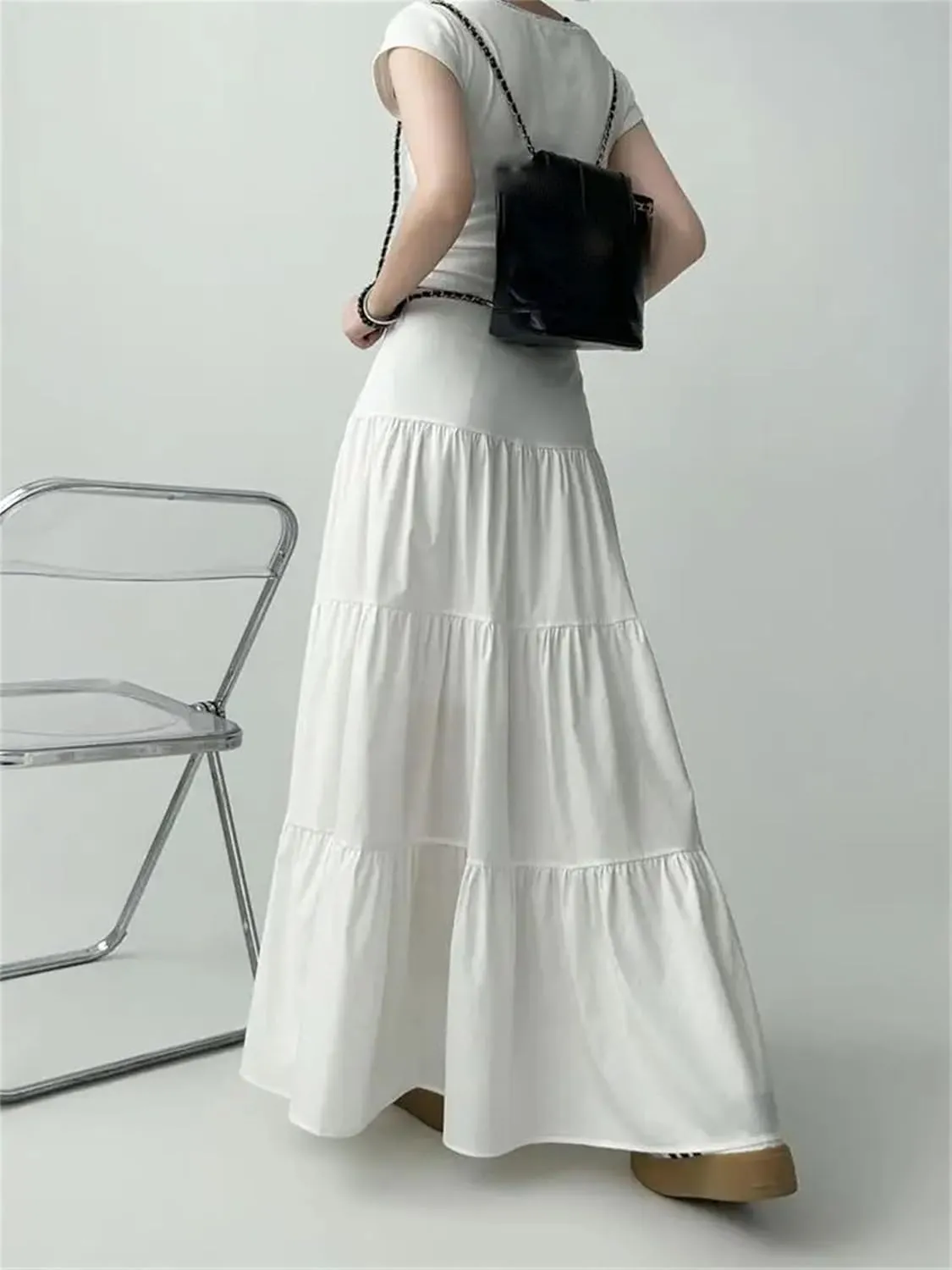 Women's Petite Size Tiered Maxi Skirt Lightweight High Waist Casual A-Line Long Ruffled Skirt for Beach Wear