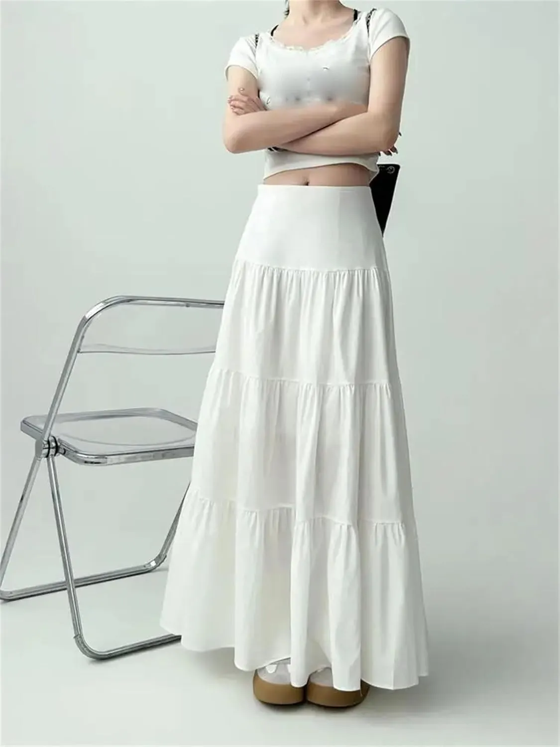 Women's Petite Size Tiered Maxi Skirt Lightweight High Waist Casual A-Line Long Ruffled Skirt for Beach Wear