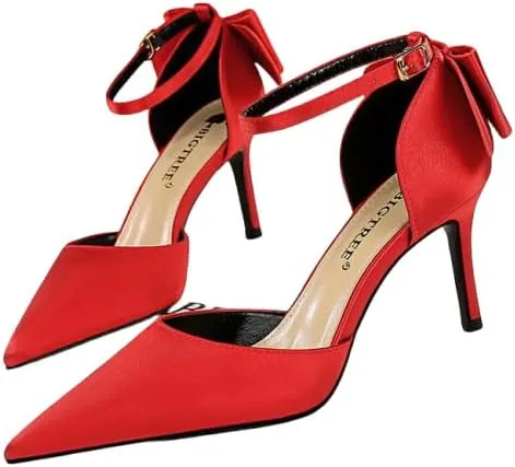 Women's Pointed Ankle Strap high Heel Bridesmaid Shoes Stiletto Wedding Shoes Heel Bow Decoration Party Banquet Catwalk Female high Heels