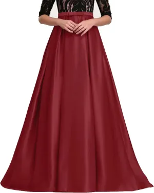 Women's Satin Pleated Maxi Skirt - Elastic High Waisted with Bow & Ruffle Hem A-Line Party Prom Skirt Ankle-Length