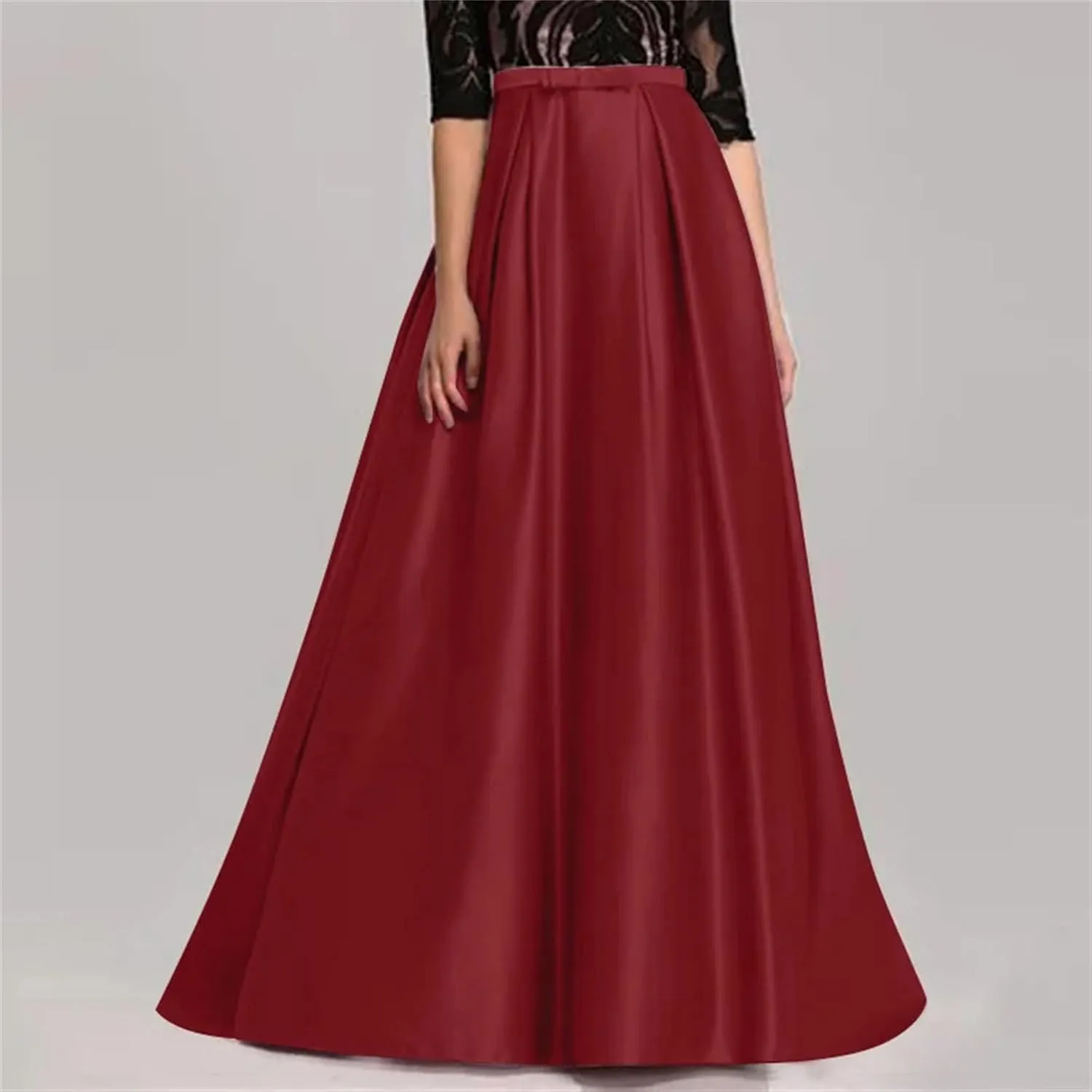 Women's Satin Pleated Maxi Skirt - Elastic High Waisted with Bow & Ruffle Hem A-Line Party Prom Skirt Ankle-Length