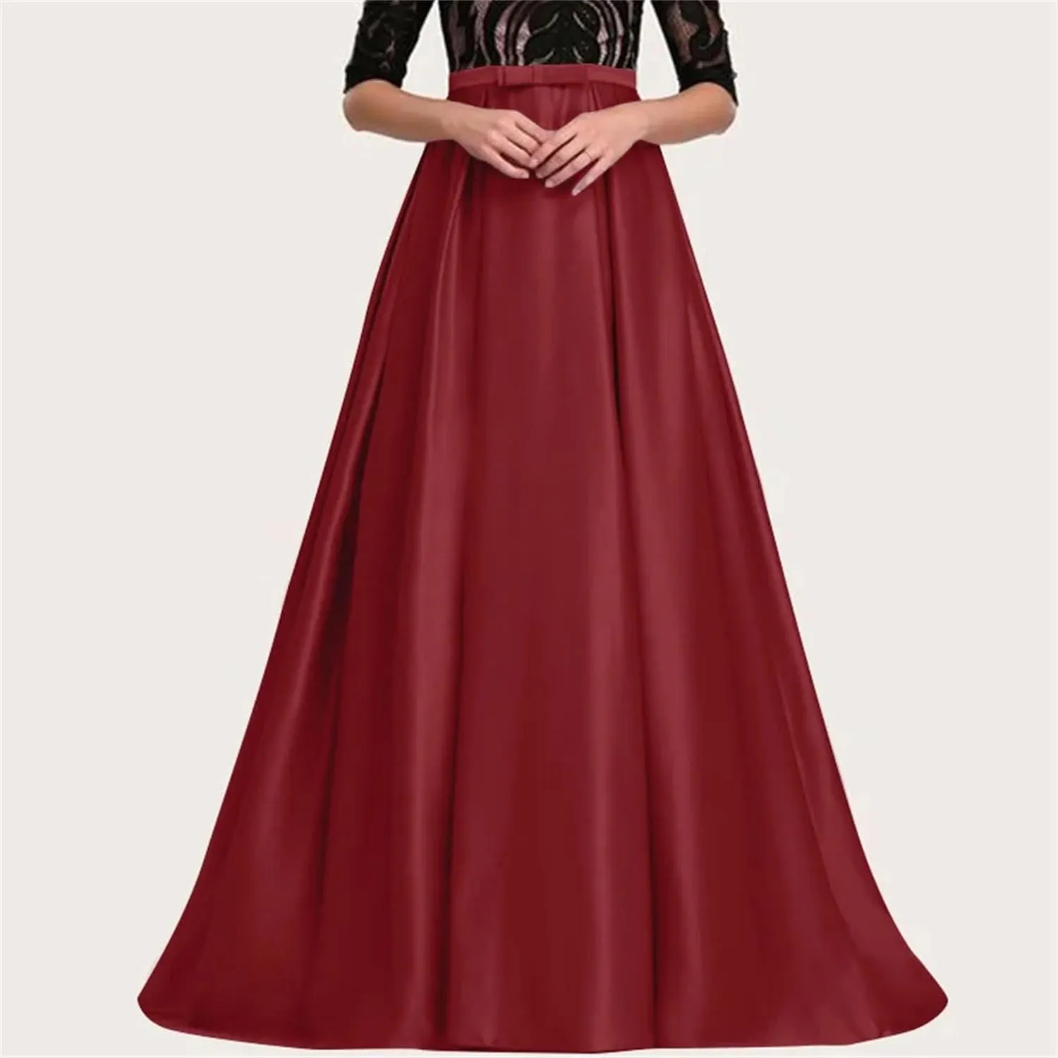 Women's Satin Pleated Maxi Skirt - Elastic High Waisted with Bow & Ruffle Hem A-Line Party Prom Skirt Ankle-Length