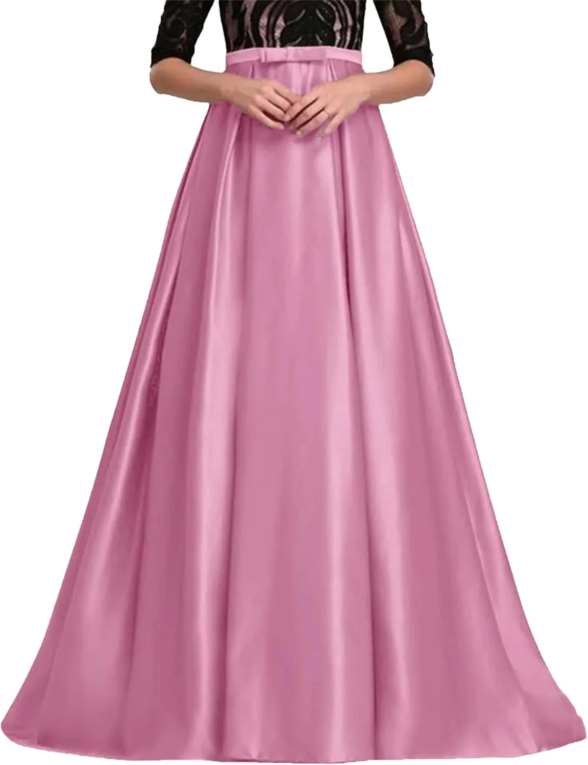 Women's Satin Pleated Maxi Skirt - Elastic High Waisted with Bow & Ruffle Hem A-Line Party Prom Skirt Ankle-Length