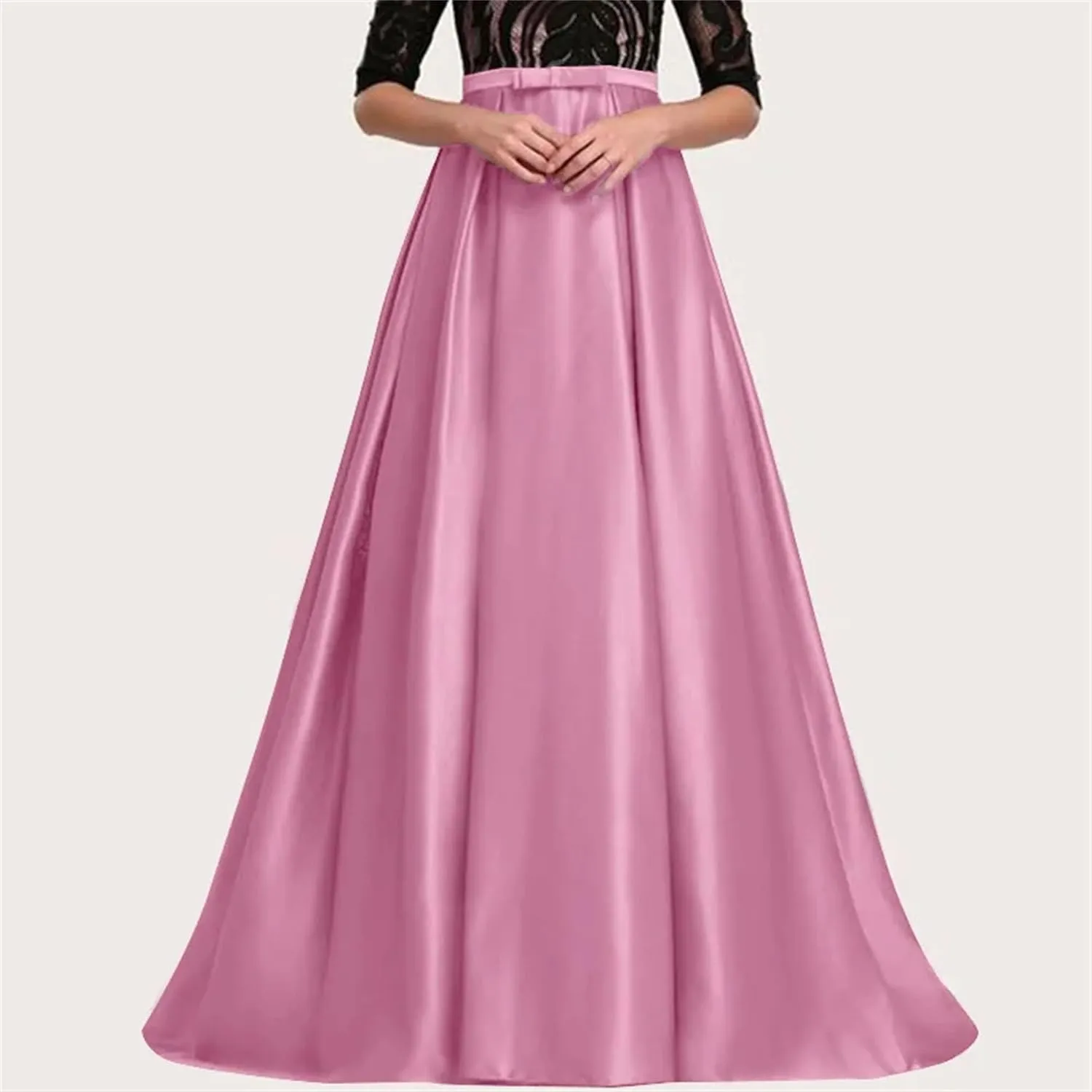 Women's Satin Pleated Maxi Skirt - Elastic High Waisted with Bow & Ruffle Hem A-Line Party Prom Skirt Ankle-Length